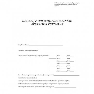 Degalų pardavimo degalinėje apskaitos žurnalas 5 pr. 6 mėn 3