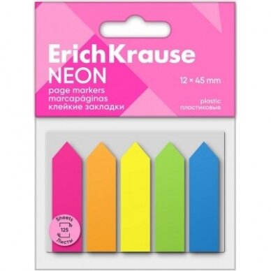 Plastikiniai indeksai-žymekliai NEON ARROW, ErichKrause, 12x45mm, 5 neoninės sp. x 25 lapelių